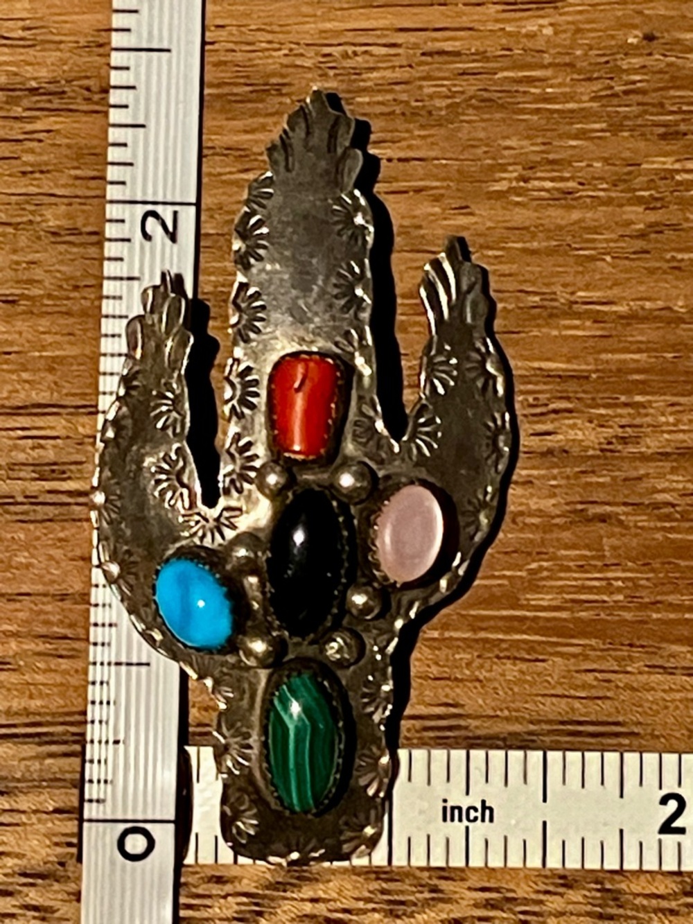 Sterling Silver Cactus pendant and brooch pin Turq Coral Onyx Rose Malachite - Picture 6 of 6
